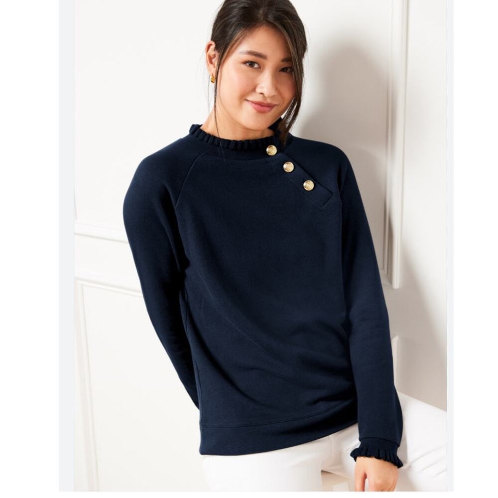 Talbots Blue Cotton Sweater Ruffle‎ Trim Raglan Preppy Classic Cozy Chic Sz XL